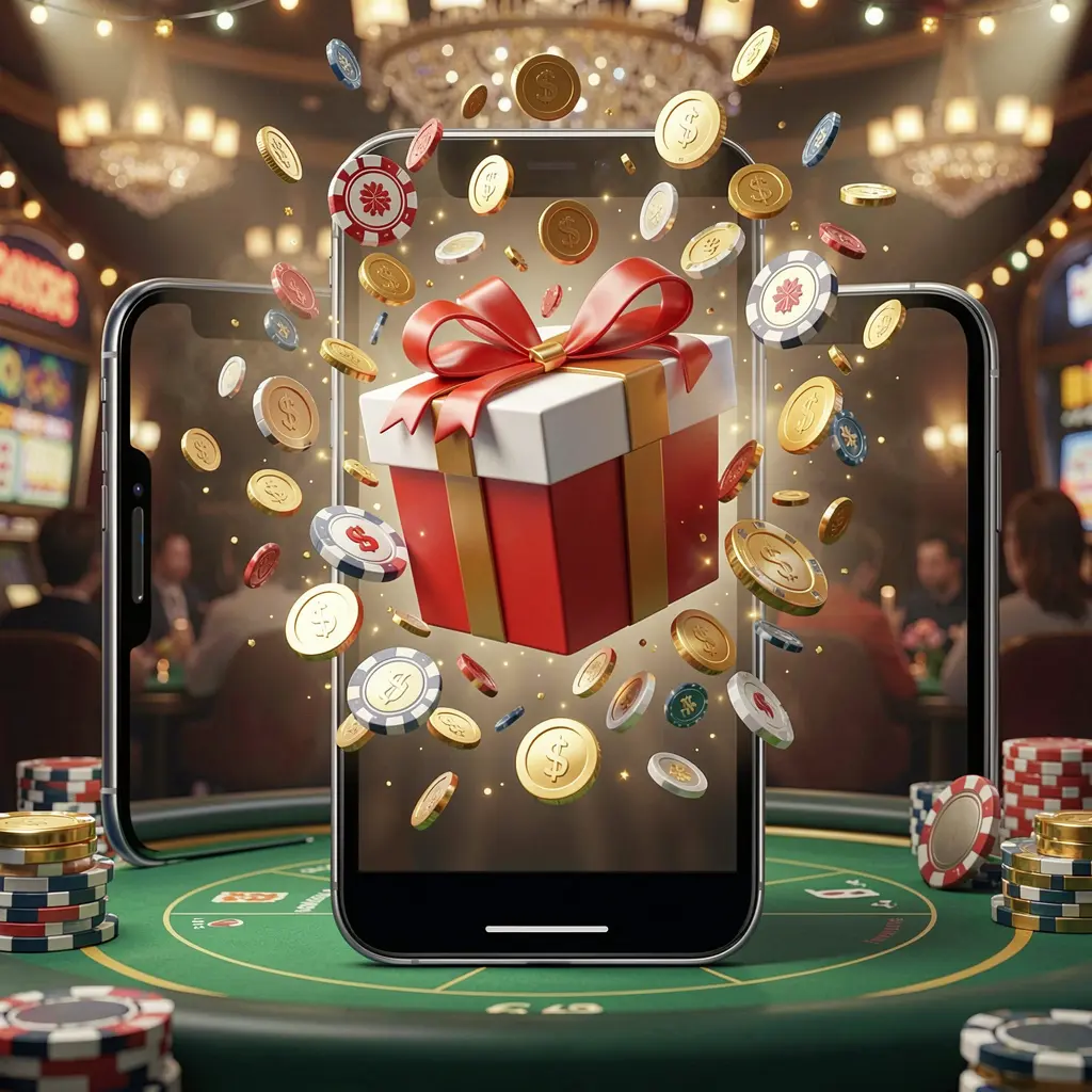 Q880 mobile casino bonus app concept showing a phone screen with a gift box and coins bursting out in a festive casino atmosphere