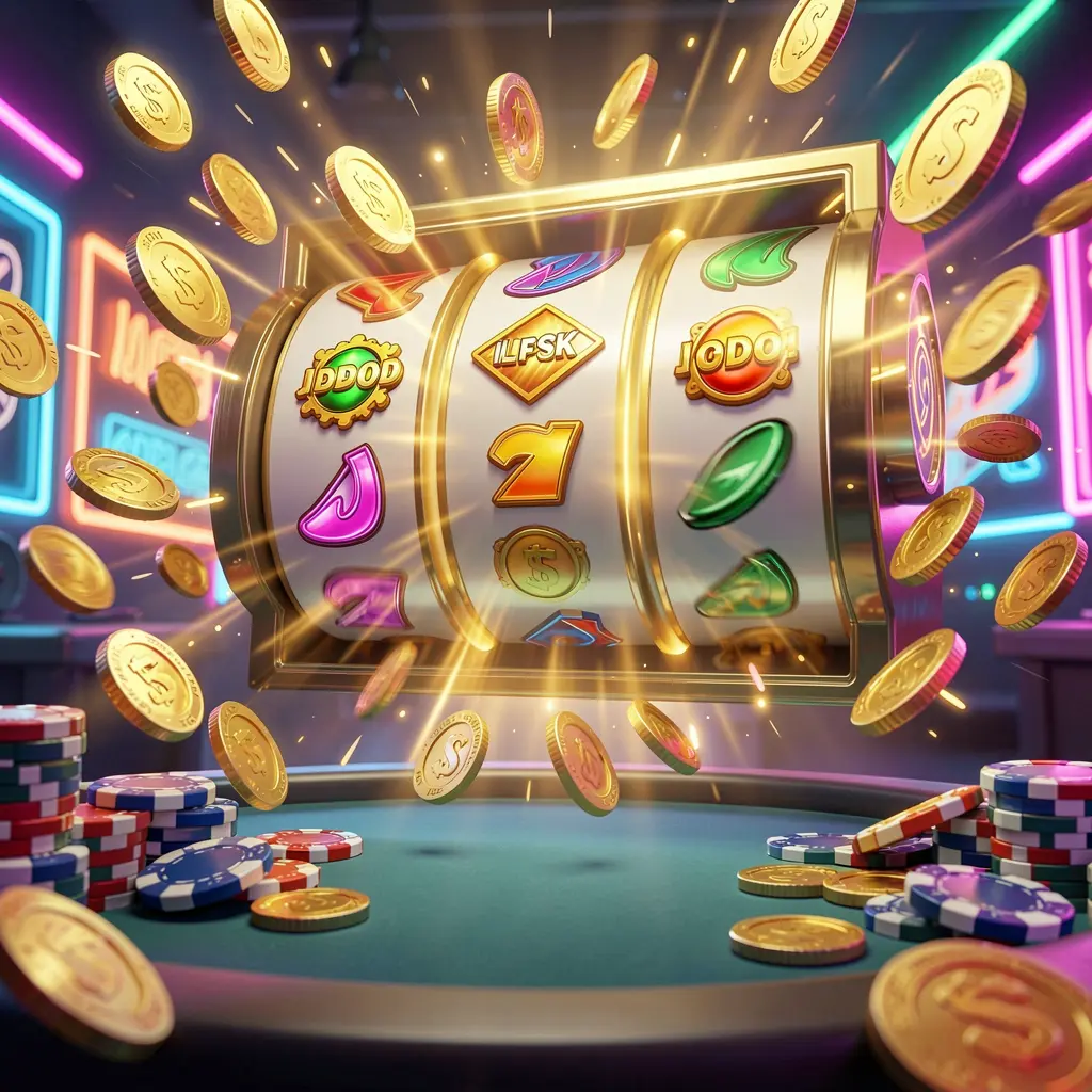 Q880 online casino free spins bonus concept featuring colorful slot machine reels spinning with golden light effects, coins flying around, jackpot symbols, and casino chips on a vibrant neon background