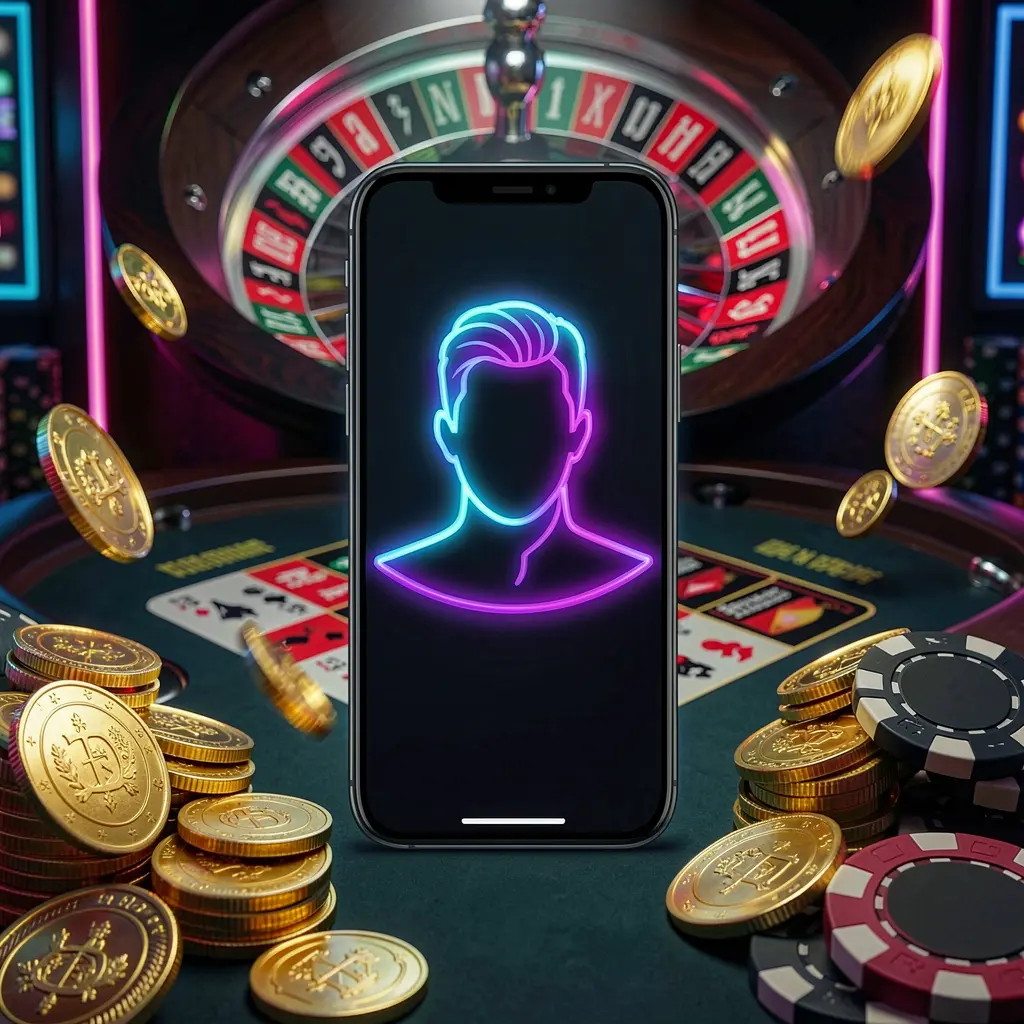 Q880 online casino login hero image featuring a modern phone with glowing profile icon, roulette lights in the background, golden coins and poker chips in a premium dark neon atmosphere