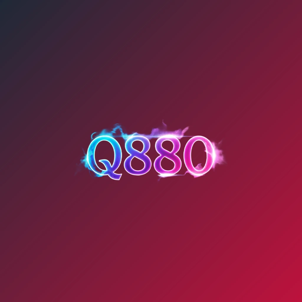 Colorful Q880 gaming logo with extra bold block letters in electric blue, purple, and pink neon gradients featuring dynamic glowing effects on a transparent background, designed as a wide horizontal rectangular wordmark for a website header