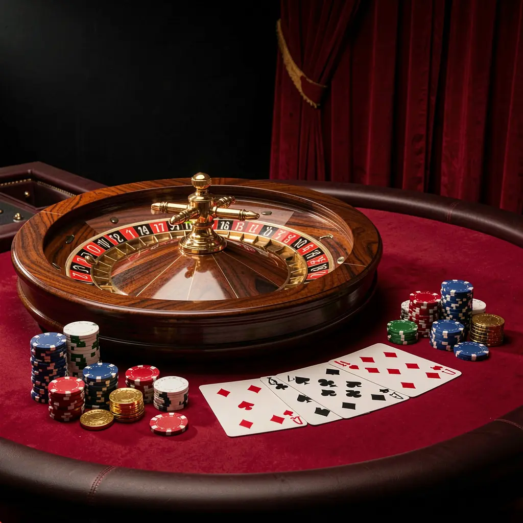 Elegant online casino gaming table featuring roulette, blackjack cards, poker chips, and coins with luxury cinematic lighting and black and red background, showcasing Q880's responsible gaming platform